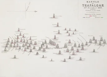 La batalla de Trafalgar, 21 de octubre de 1805, posiciones en la batalla, c.1830s